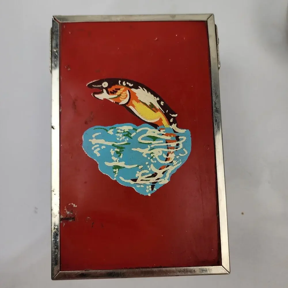 Vintage Red Metal Folding Travel Shaving Kit w/ Brush Bowl & Mirror Fish / Water